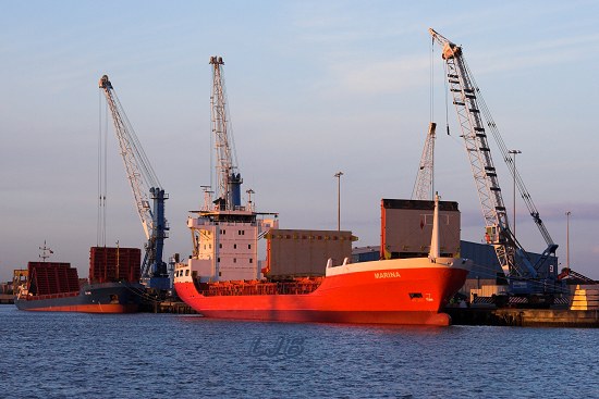 Ships unloading at Battleship Wharf, Port of Blyth, Northumberland.