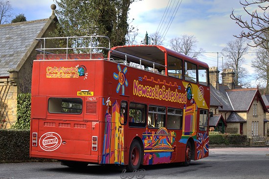 Open top double-decker bus at Bothal, Northumberland.