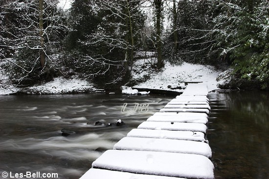 Snow covered stepping stones at Bothal.