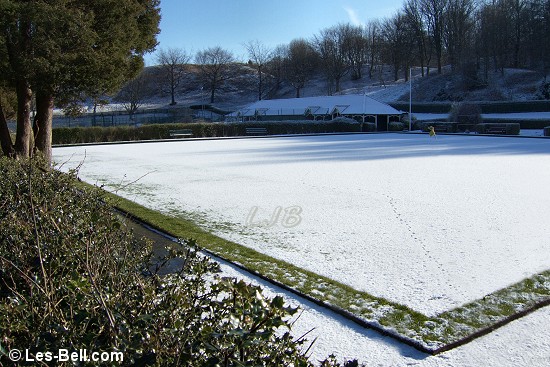 Snow covered bowling greens at Morpeth.