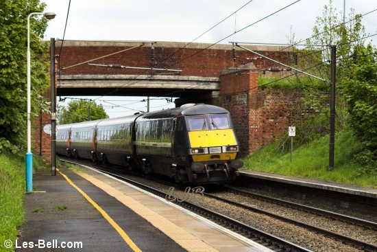 High speed train at Pegswood Station, Northumberland.