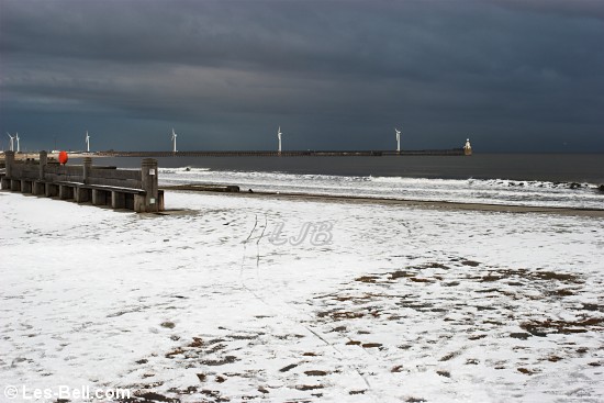 Snow at Blyth South Beach, Northumberland.