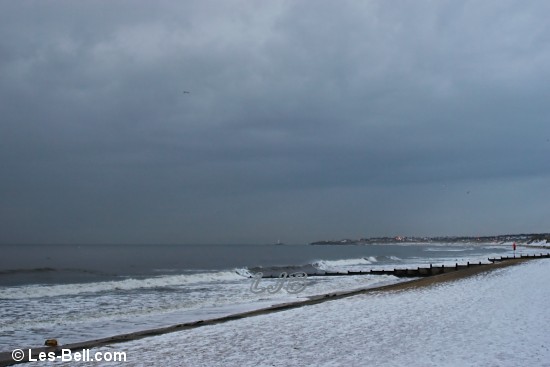 Snow on Blyth South Beach and promenade, Northumberland.