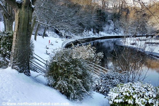 Snow covered promenade, Carlisle Park, Morpeth, Northumberland.
