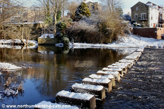 Morpeth Stepping Stones, covered in snow, Northumberland.