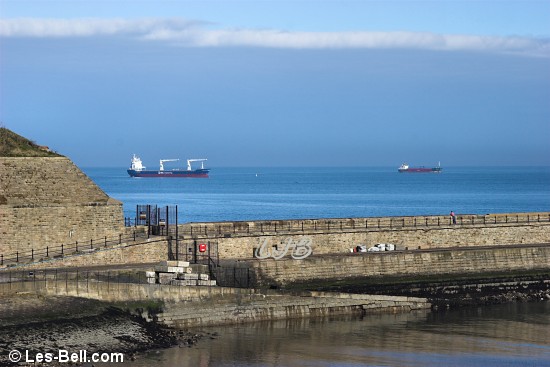 Ships anchord near the mouth of the River Tyne.