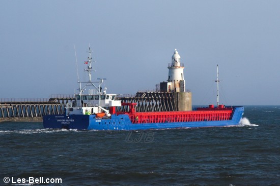 Cargo ship Union Silver leaving the Port of Blyth, Northumberland.