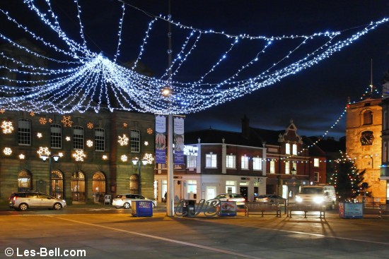 Xmas lights at Morpeth Marketplace, Northumberland. 
