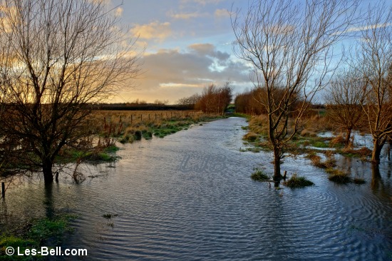 Sunset at the flooded footpath in Pegswood Country Park.