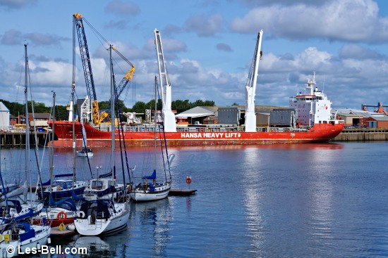 Cargo ship and yachts in Blyth South Harbour. 