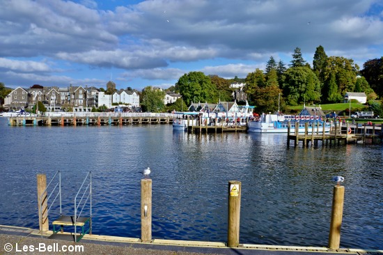 View to the mooring jetties and steamer pier at Bowness.