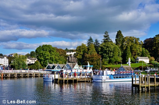View to the mooring jetties and steamer pier at Bowness.