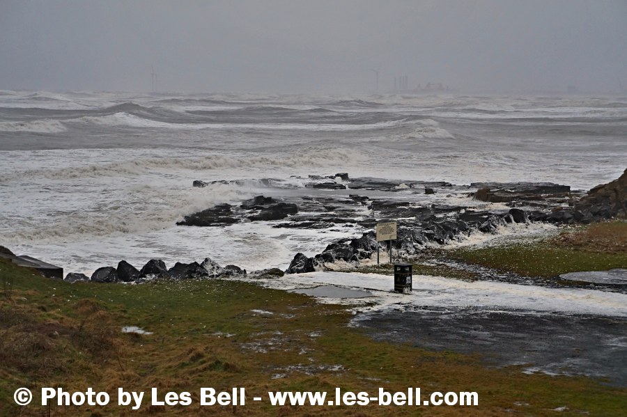 Stormy, foaming sea at Newbiggin on the Northumberland Coast.