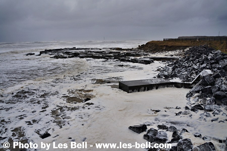 Foaming sea at Newbiggin on the Northumberland Coast.