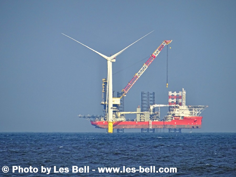 Offshore wind turbine construction at Blyth, Northumberland Coast.