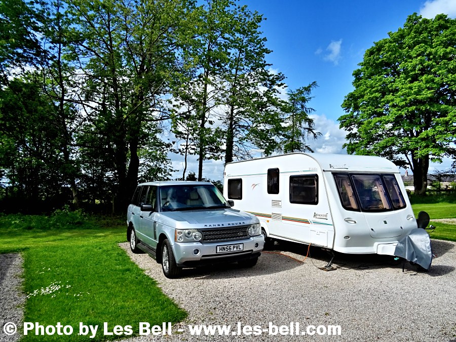 Our car and caravan at Englethwaite Hall Caravan Club site in the Eden Valley, Cumbria.