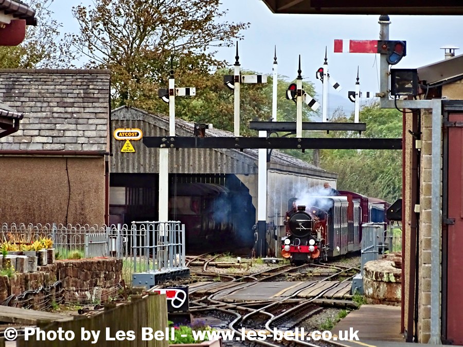 Steam train arriving at Ravenglass Station, Cumbria Coast.